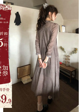 日系古着波点碎花长袖复古连衣裙