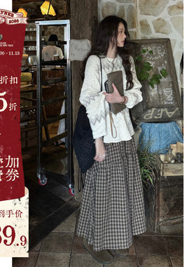 JMWOMEN饼棕方块复古抗皱格子高腰半身裙女秋冬款宽松百搭a字长裙