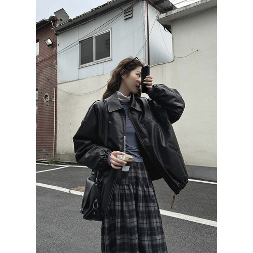 JMwomen棕褐色哑光PU皮衣棉服