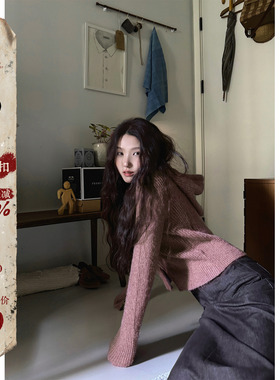 JMWOMEN薄雾茸 香芋紫色双拉链连帽针织毛衣女秋宽松软糯百搭外套