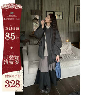 JMWOMEN 灰色复古褶皱廓形立领棉服女冬季宽松保暖工装风抽绳外套