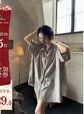 JMWOMEN复古竖条纹短袖衬衫
