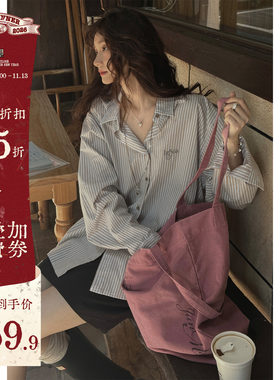 JMWOMEN“窗棕细纹”韩版简约刺绣字母长袖衬衫女秋宽松慵懒上衣