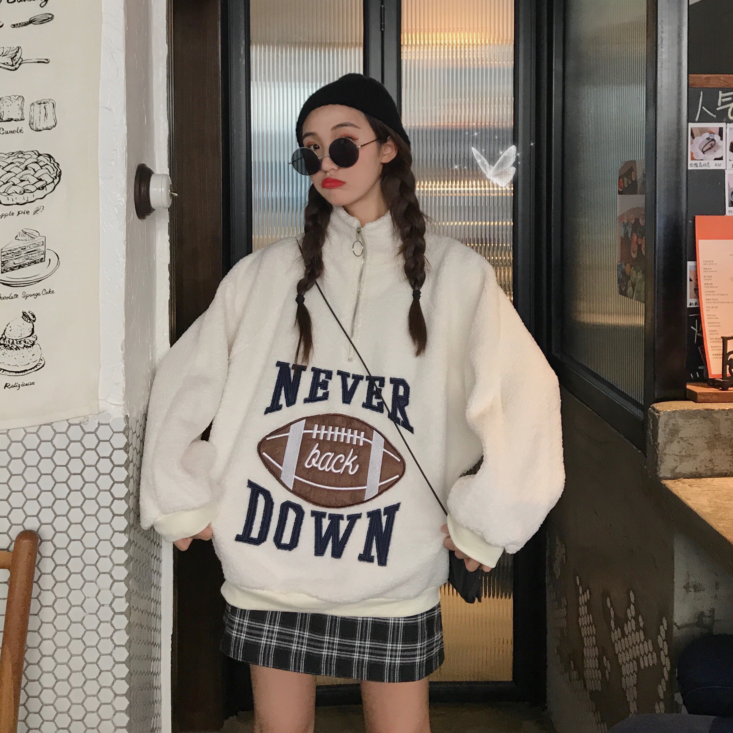 Real shot cashmere half high collar zipper cashmere sweater autumn winter Plush warm coat