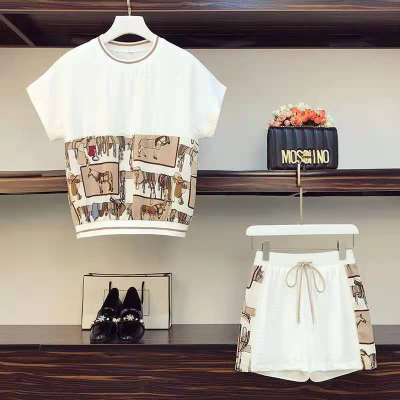 Big size women's dress fat sister's body covering and thin foreign style age reducing fashion summer shorts two pieces leisure suit women's dress