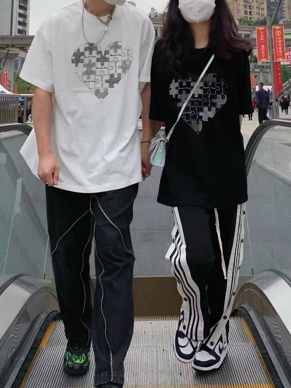 Zhigao Street wind pure hot drill splicing love tmall live broadcast Guochao summer couple's T-shirt