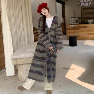 条纹连帽毛衣外套女秋冬韩系慵懒风宽松软糯厚实胖mm长款针织开衫