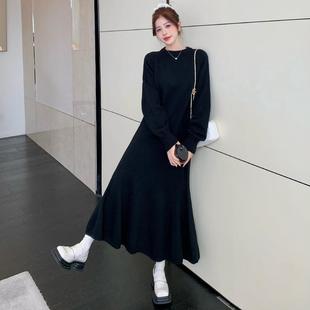 气质简约黑色长款针织裙2024秋冬新款大码胖mm打底显瘦鱼尾连衣裙