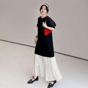 黑白配夏日仙女氛围感荷叶边连衣裙2025夏季胖mm显瘦长款拼接裙子