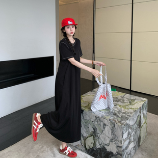 高级感胖mm宽松明线黑色T恤裙子夏季新款时尚简约气质长款连衣裙