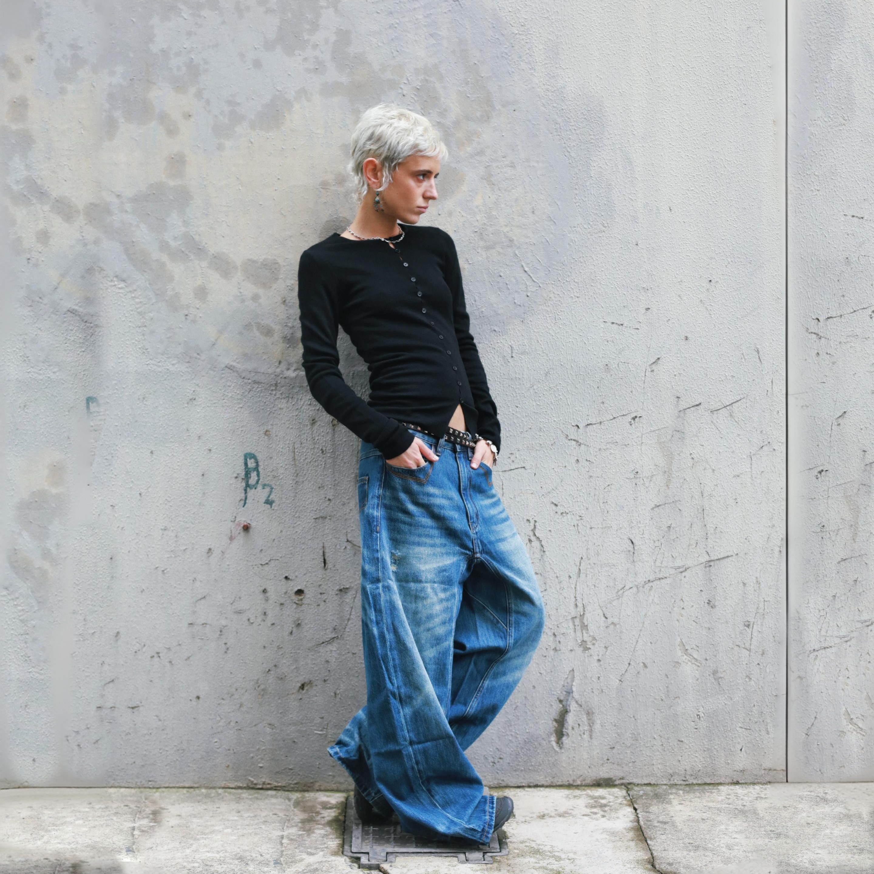 Monday JA 复古做旧蓝色水洗牛仔裤女 秋季宽松休闲直筒阔腿裤子