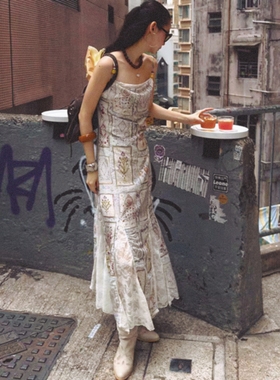 Monday JA 复古气质蕾丝鱼尾吊带裙女 夏季古早长裙修身连衣裙子