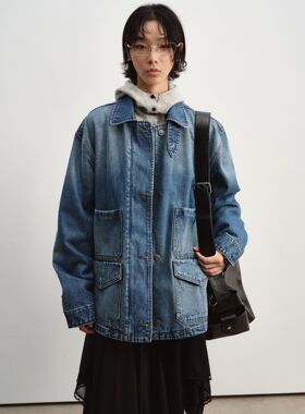 Monday JA 复古水洗宽松BF风牛仔外套女 秋季廓形中长款夹克上衣
