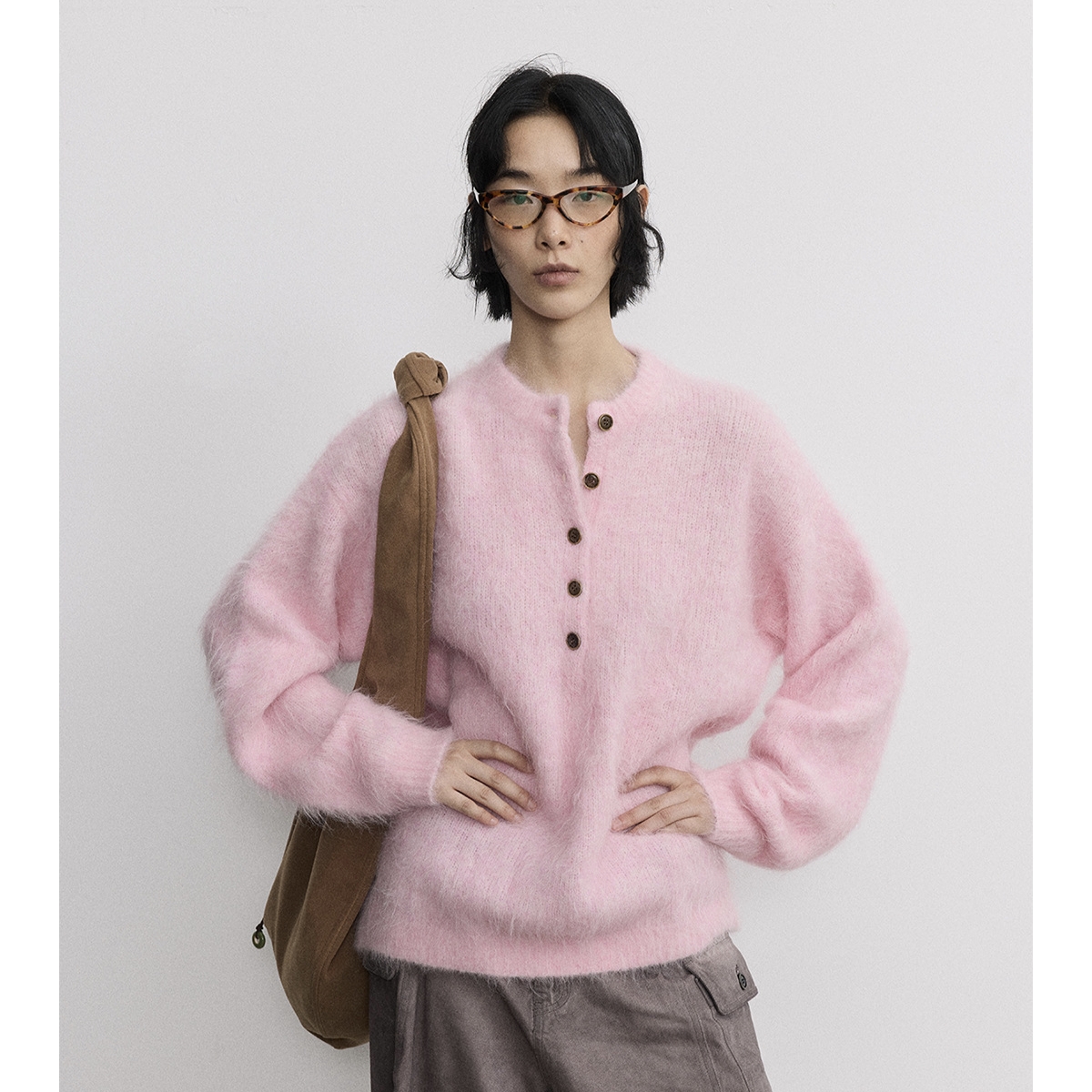 Monday JA 复古慵懒紫色毛衣女秋冬羊驼毛半纽扣宽松粉色针织上衣