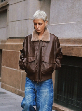 Monday JA 美式复古夹棉飞行夹克上衣女秋冬宽松机车翻领皮衣外套