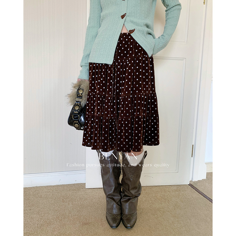 Monday JA 新品92折 弗拉明戈 复古丝绒波点裙女秋冬宽松半身裙子