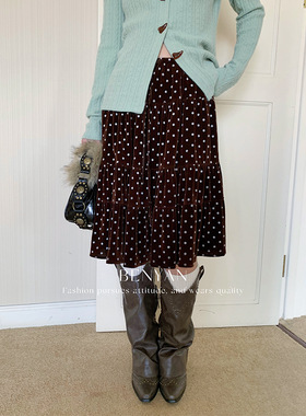 Monday JA 新品92折 弗拉明戈 复古丝绒波点裙女秋冬宽松半身裙子