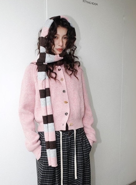 Monday JA 韩系温柔条纹围巾毛衣开衫女秋冬季复古短款针织衫外套