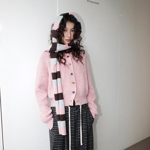 Monday JA 韩系温柔条纹围巾毛衣开衫女秋冬季复古短款针织衫外套