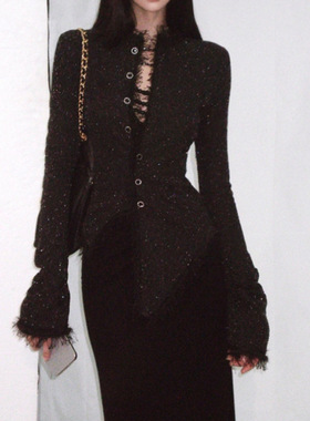 Monday JA 黑闪闪弹力薄花呢收腰复古甜辣风外套女修身不规则上衣