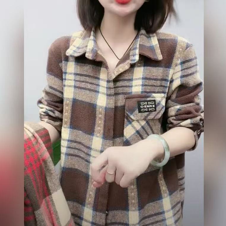 春秋新款女士纯棉衬衣休闲时尚格子磨毛加厚外套衬衫百搭开衫上衣