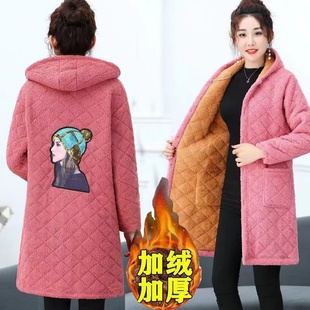 中年女裝 加絨加厚中長款 連帽大碼 棉衣顆粒絨冬裝 媽媽防臟防塵罩衣