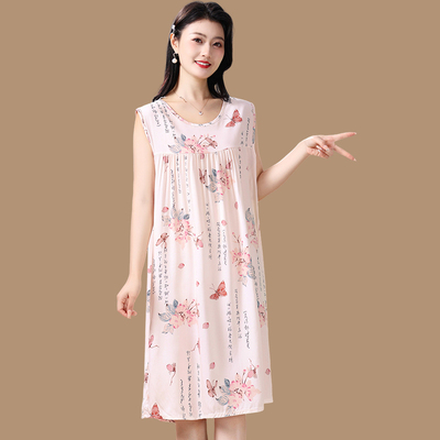 中年妈妈绵绸睡裙夏大码薄老年人造棉夏连衣裙棉绸睡衣居家服裙子
