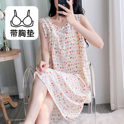 绵绸睡裙夏季薄款睡衣人造棉宽松大码家居服可外穿舒适碎花连衣裙