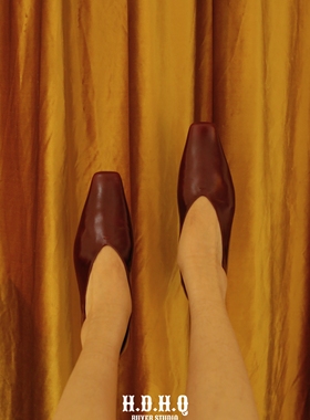 H.D.H.Q买手系列-MANIKA GUAN小方头平底可踩脚车厘子红单鞋真皮