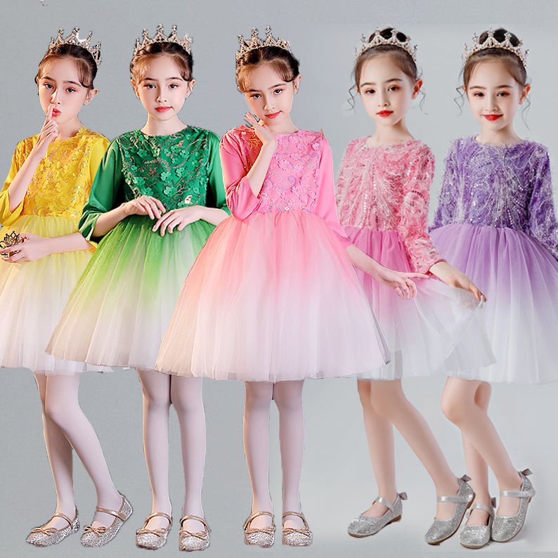 儿童演出服蓬蓬裙女童舞蹈长袖纱裙小学生合唱服诗歌朗诵表演服装