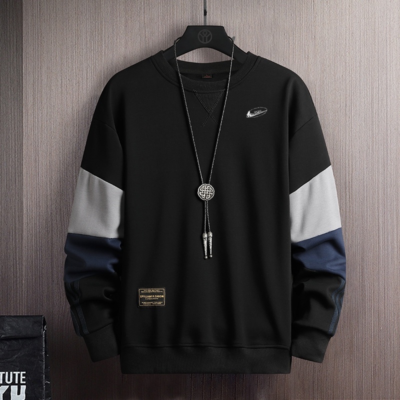 耐克顿拼接长袖男士撞色套头圆领卫衣青少年宽松百搭加绒打底上衣