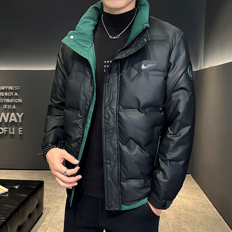 耐克顿立领短款羽绒服男士冬季新款加厚保暖防寒黑色亮面工装外套