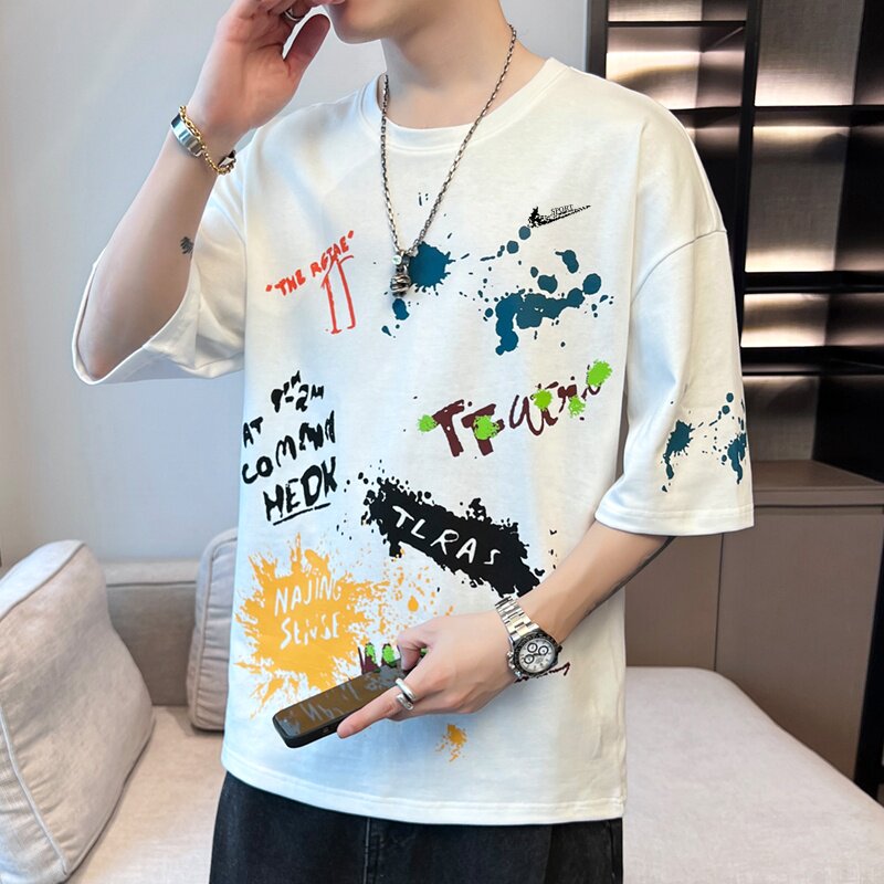 耐克顿夏季短袖t恤男士宽松休闲薄款透气潮流百搭涂鸦圆领五分袖