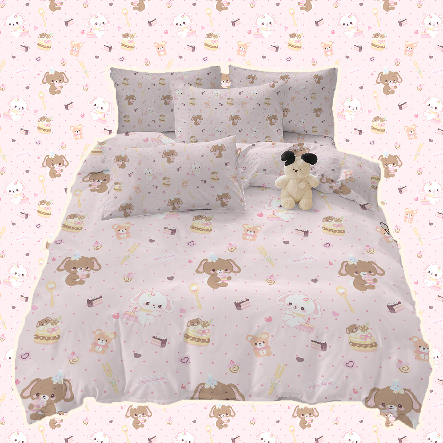 甜点兔锦棉四件套少女风宿舍床上三件套亲肤透气床品床单被套卡通