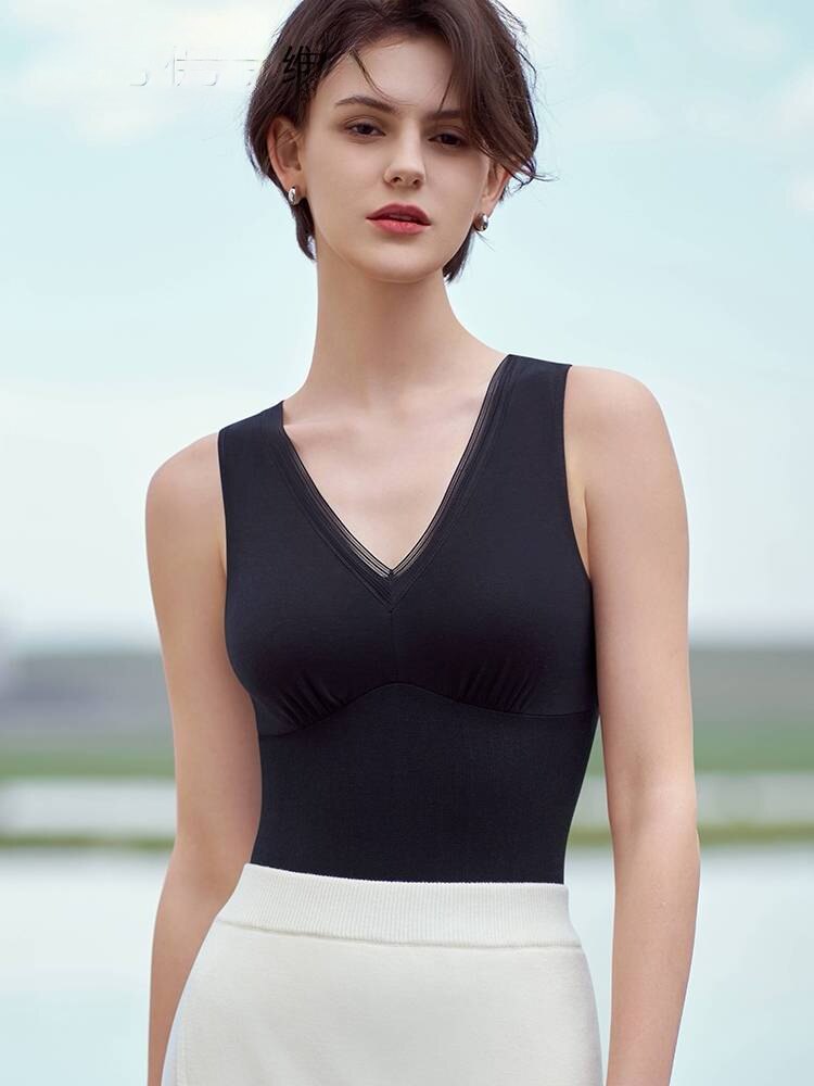 24秋伊维斯女舒适内衣薄款V领修身美体带杯打底保暖背心10270720