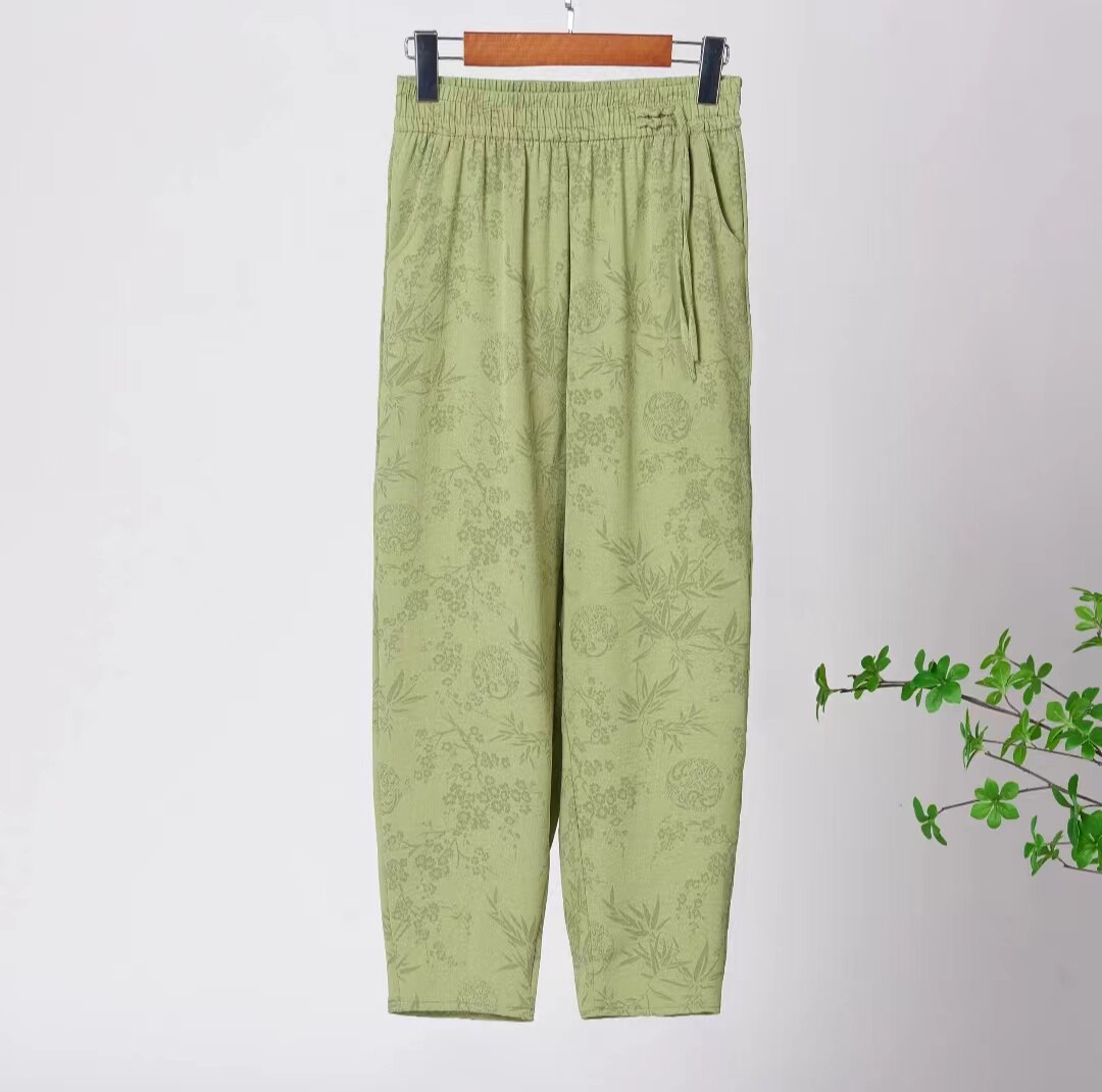 中年妈妈女裤刺绣松紧高腰九分哈伦裤国风女休闲宽松夏季时尚百搭