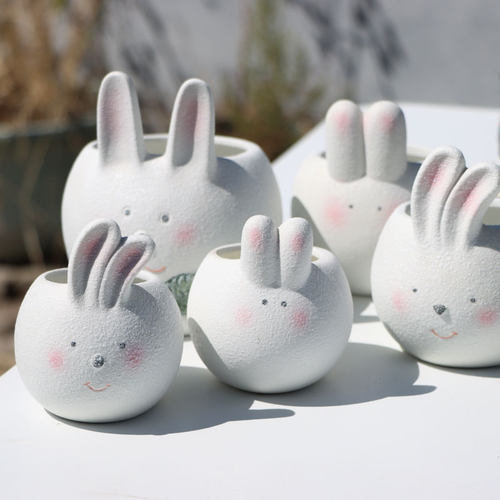 可爱小兔子多肉花盆粗陶手绘盆创意雪绒萌兔简约透气陶盆桌面萌趣
