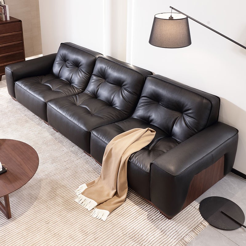 实木真皮沙发客厅新款复古乌金木小户型直排四人位轻奢简约风家具