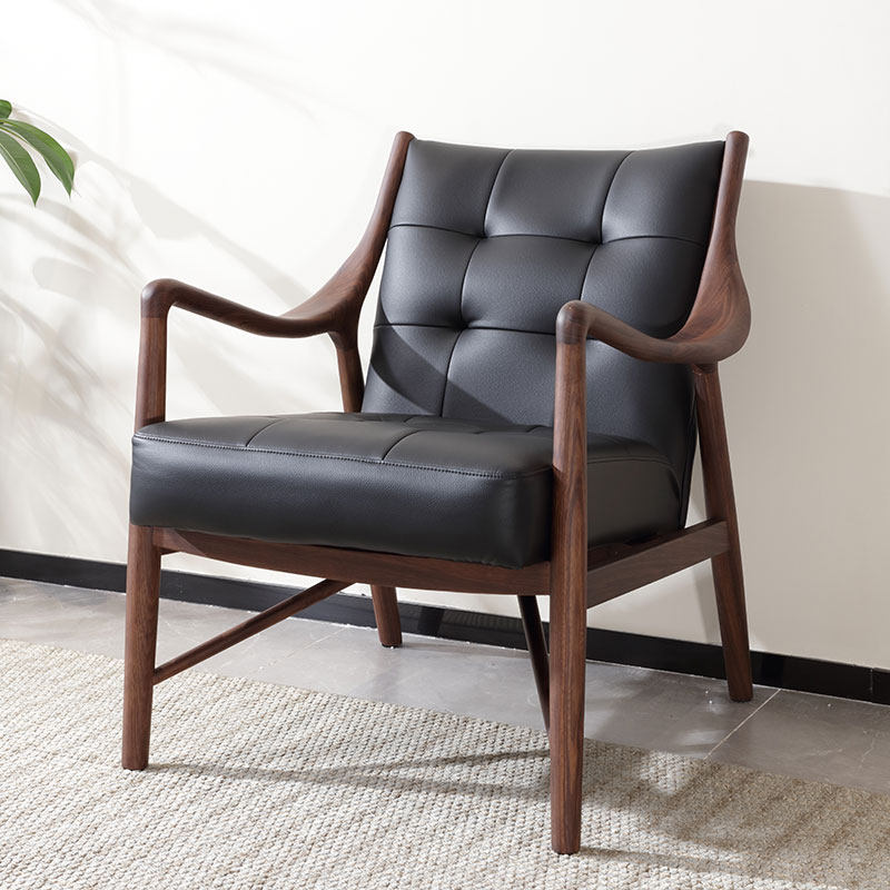 乌金木实木沙发椅现代简约客厅家用阳台单人沙发椅轻奢真皮休闲椅