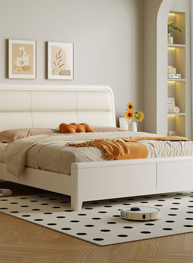 实木床白色奶油风双人床主卧简约现代软包床真皮靠背家用1米8大床