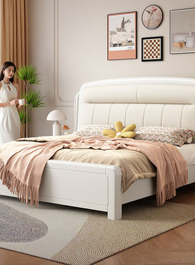 白色实木床奶油风真皮软包双人床现代简约1米8高箱储物2025新款床