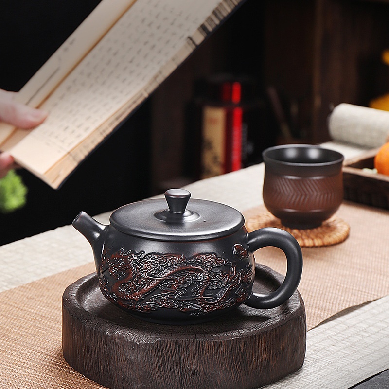 德化紫陶全手工跳刀纹凤鸣井栏壶家用茶具套装单人茶壶复古紫陶