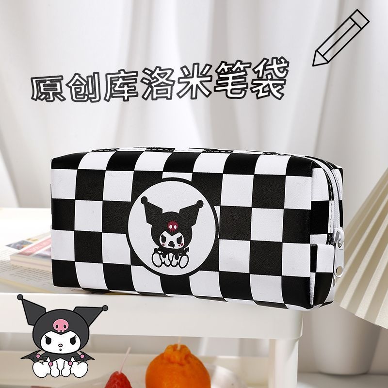 ins库洛米笔袋可爱黑白格网红简约大容量小学生初中文具盒收纳袋