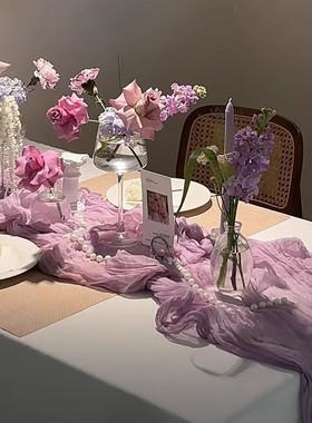 紫色桌布甜品台装饰氛围布置法式复古ins皱纱轻奢高级感长条桌旗
