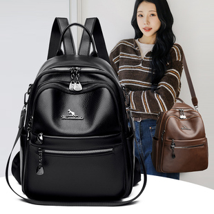 威森袋鼠真皮双肩包女2026新款时尚休闲牛皮大容量旅行背包妈咪包