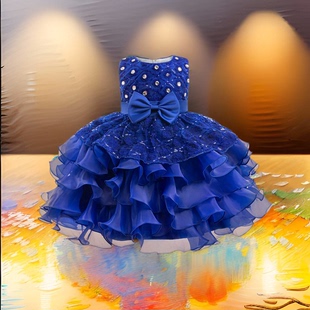 女童礼服蓝色蛋糕裙六一儿童蓬蓬公主裙女孩钢琴主持人演出服夏季
