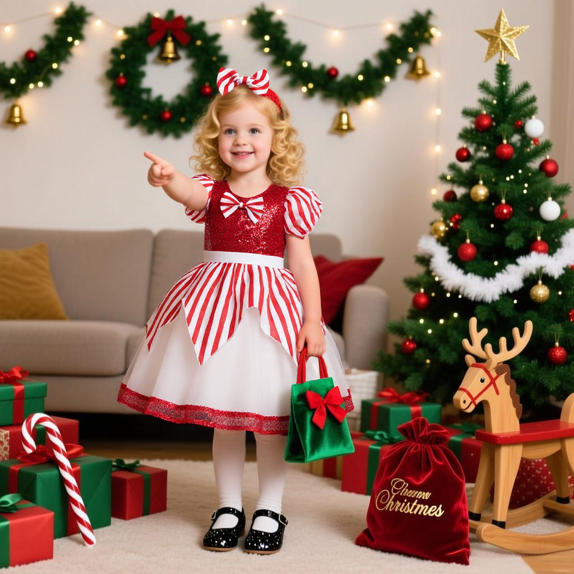 圣诞节女童礼服儿童红色蓬蓬裙