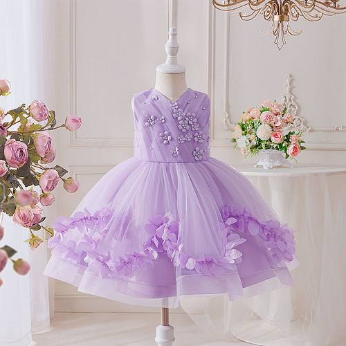 女童紫色网纱无袖公主生日礼服