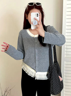 乃粒大码女装假两件上衣女拼接花边外套25秋胖m宽松针织开衫23193