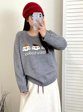 大码女装圆领提花小熊毛衣女打底衫2025冬款胖mm休闲针织衫23560